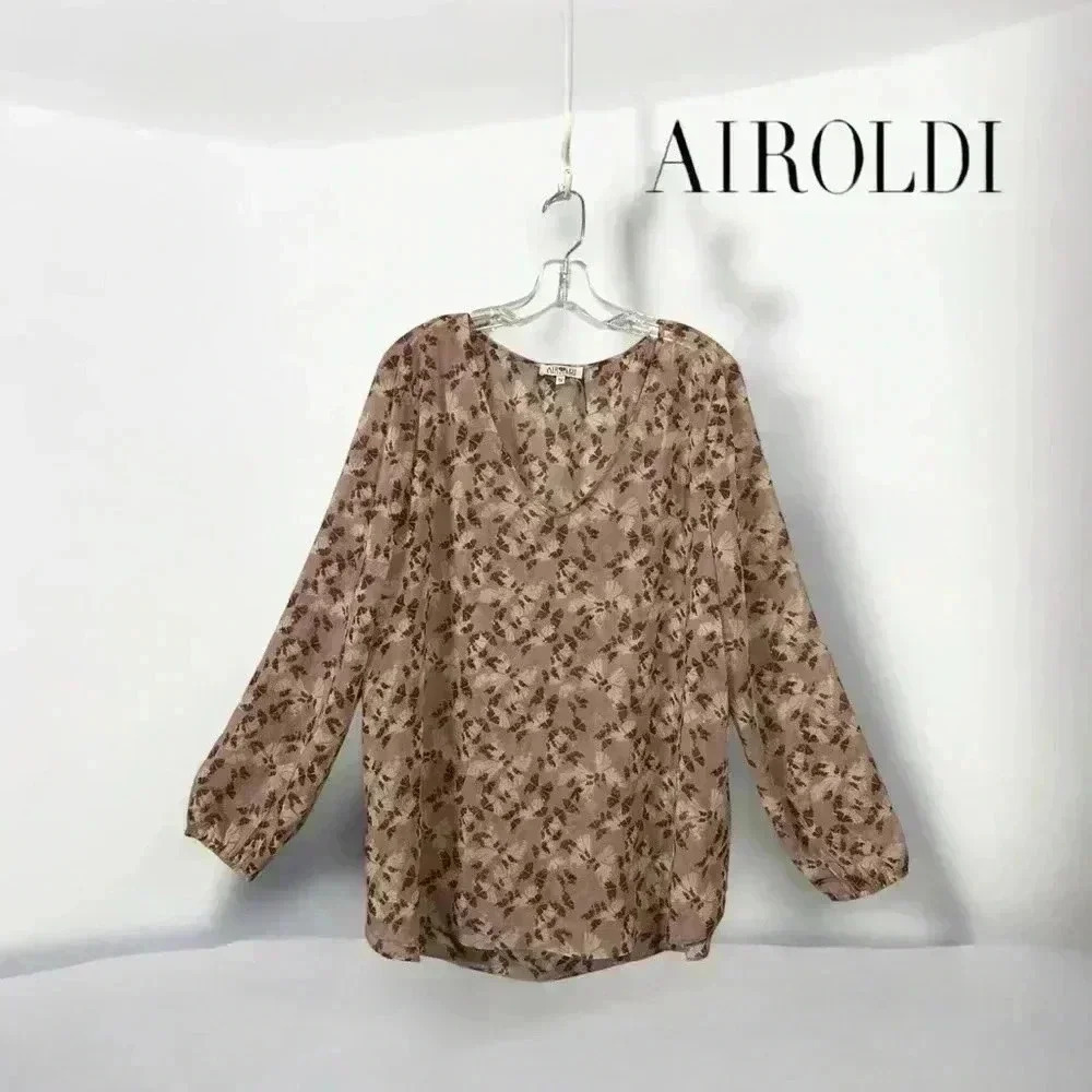 NWOT Airoldi Collection, Floral Print Semi-Transparent  Blouse, XL, Pink & White
